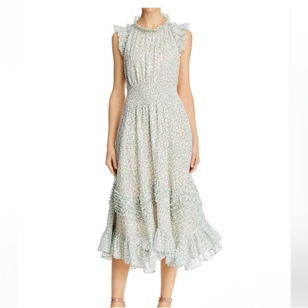 Sleeveless Floral Ruffle Midi Dress in Light Green cotton silk metallic gold M